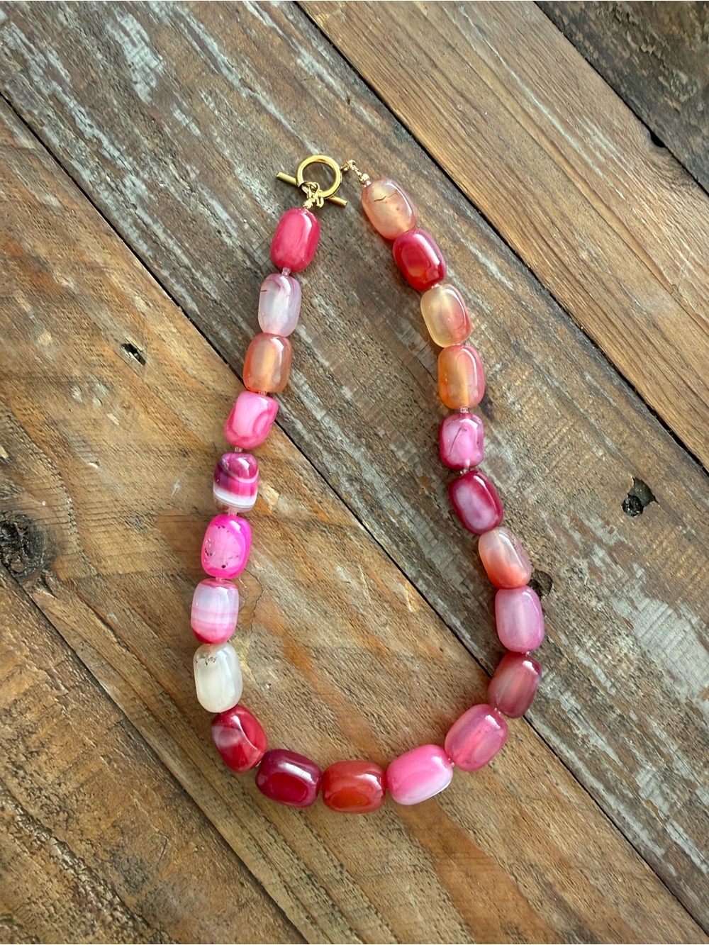 Gold-Clasp Pink Multitone Agate Beaded Necklace